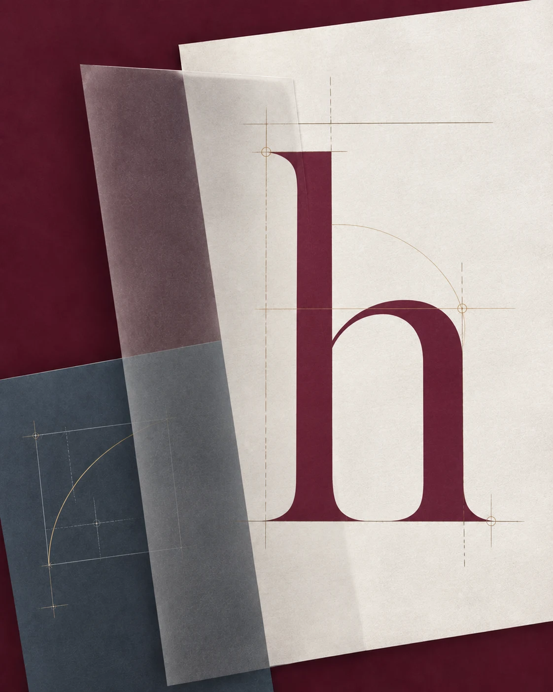 An architectural drawing of the HSP lowercase h mark, rendered in mulberry ink over layered drafting paper with brass construction lines.